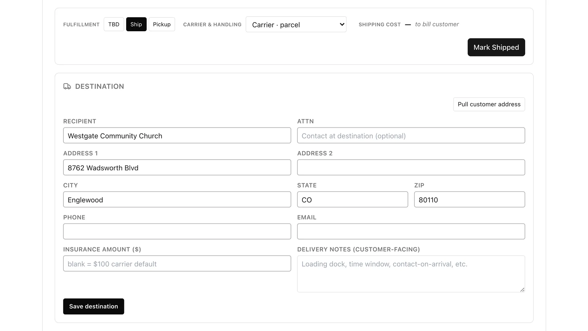 Job fulfillment panel set to Ship by carrier parcel, with a Pull customer address button and the destination fields filled in from the customer record.