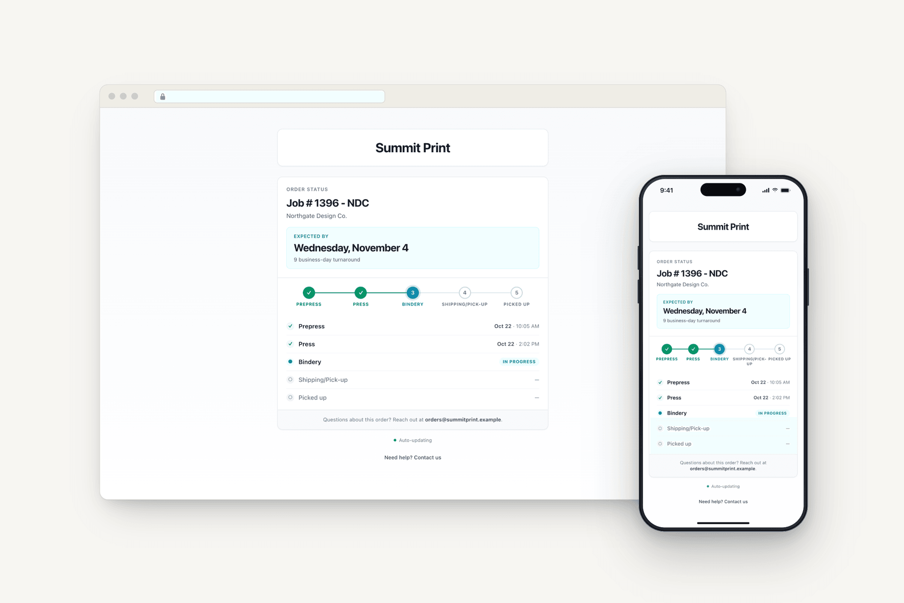 The customer job tracker on a desktop browser and on a phone: expected-by date, production steps and timeline.